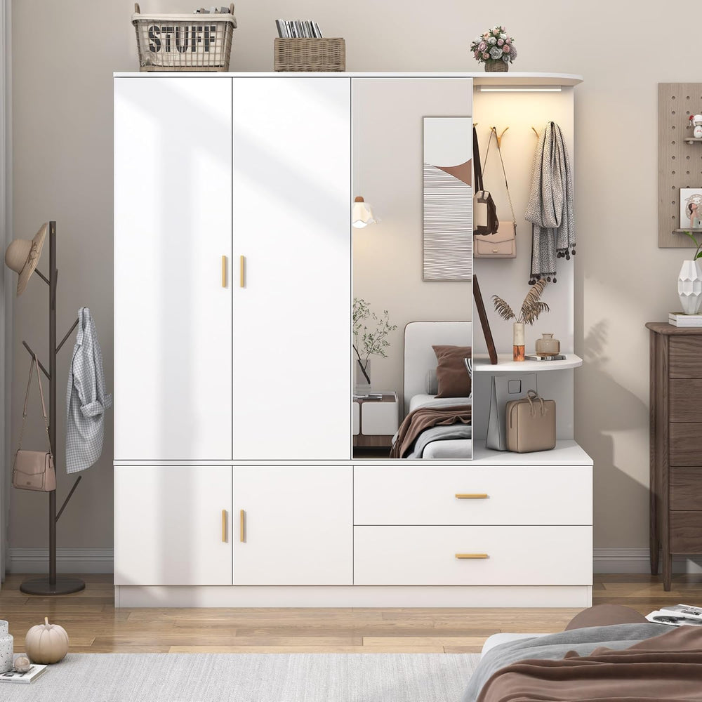 XVD Armoire Wardrobe Closet with Mirror & Sensor Light, Bedroom Armoire w...