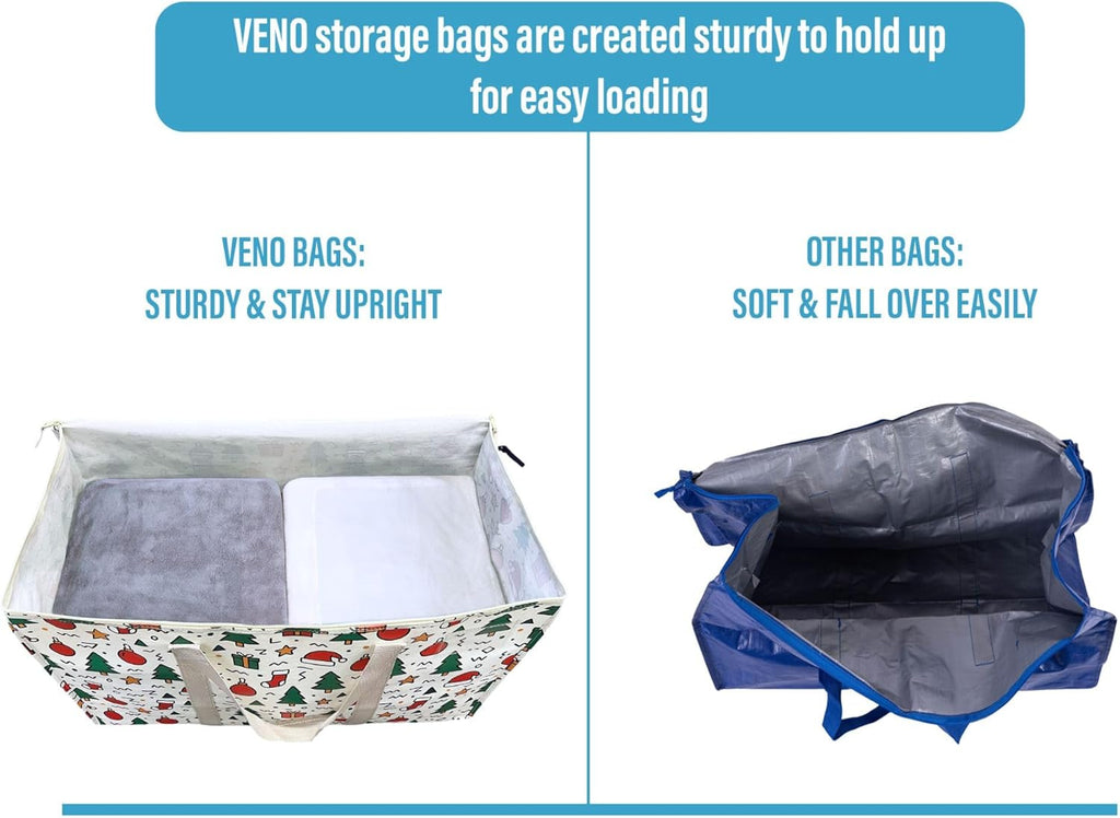 VENO 4 Pack Moving Bags and Large Christmas Storage Bins with lids. Alternative to Moving Boxes, Packing Supplies for College. Extra Large Heavy Duty Totes for Packaging (Jingle Mix, 4 Pack)