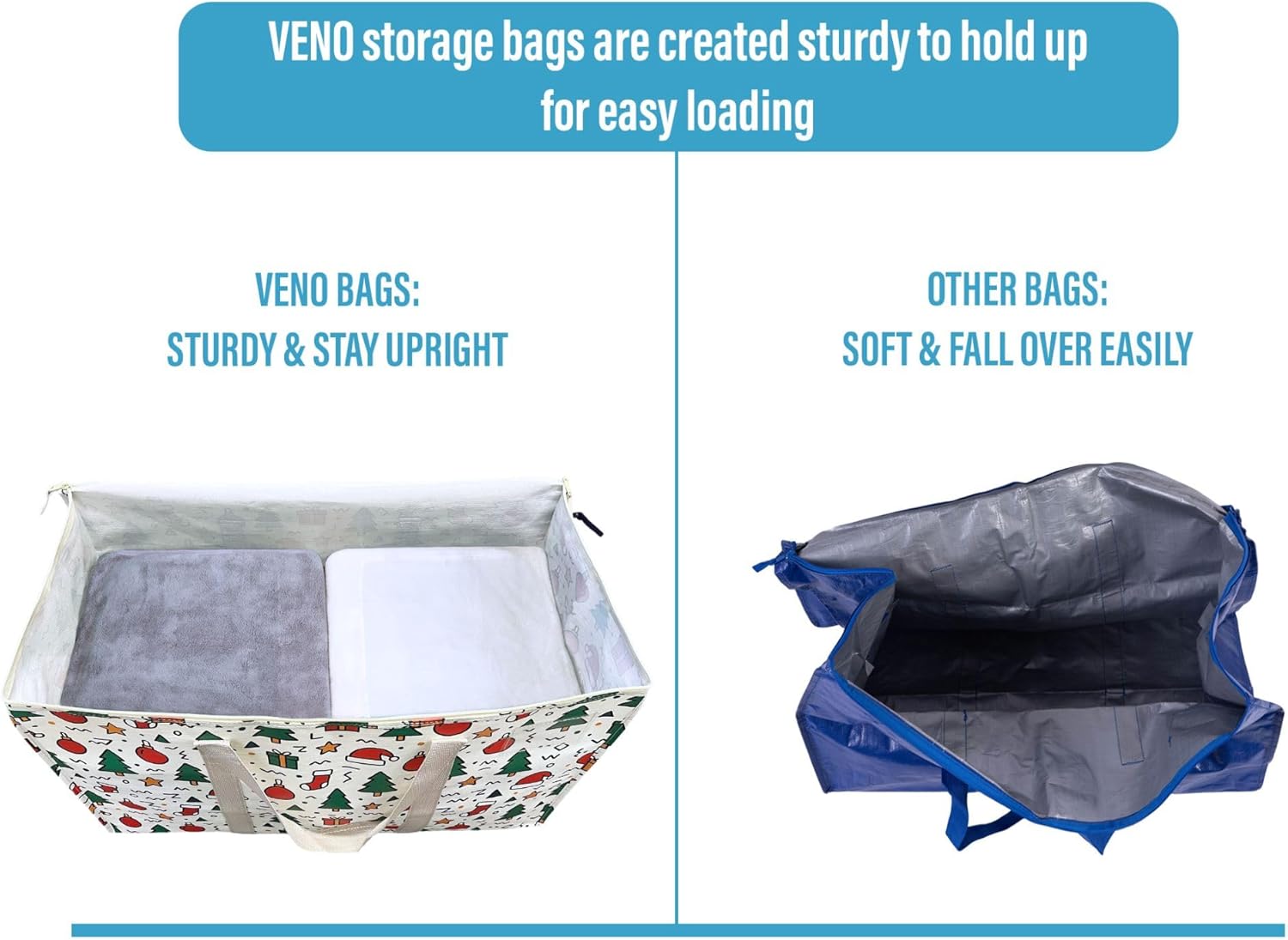 VENO 6 Pack Moving Bags and Large Christmas Storage Bins with lids. Alternative to Moving Boxes, Packing Supplies for College. Extra Large Heavy Duty Totes for Packaging (Jingle Mix, 6 Pack)