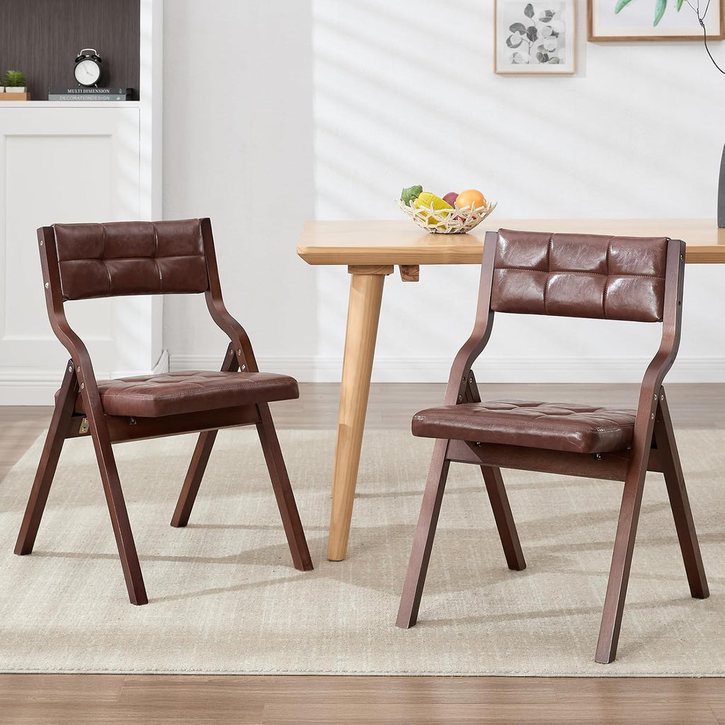 2-Pack Folding Dining Chairs with Cushion,Faux Leather Padded Foldable Dining Chairs,Portable Wooden Folding Chairs for Dining Rooms Kitchen Wedding and Party Indoor Brown