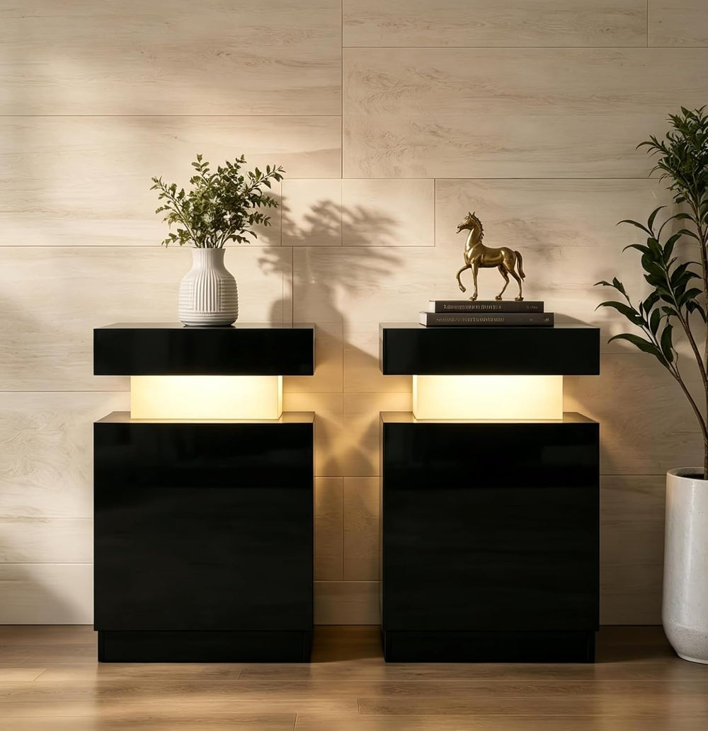 Black Nightstands Set of 2, LED End Table for Bedroom, Modern Bedside Table w...