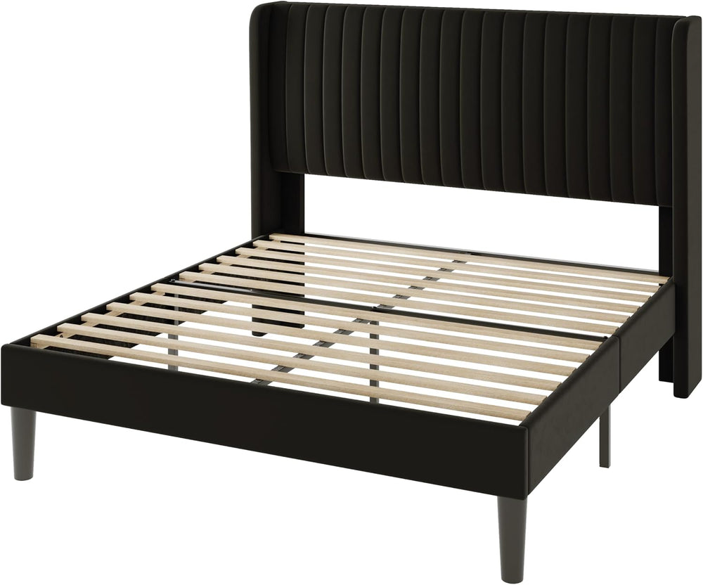 Allewie Queen Size Velvet Bed Frame/Vertical Channel Tufted Wingback Headboar...