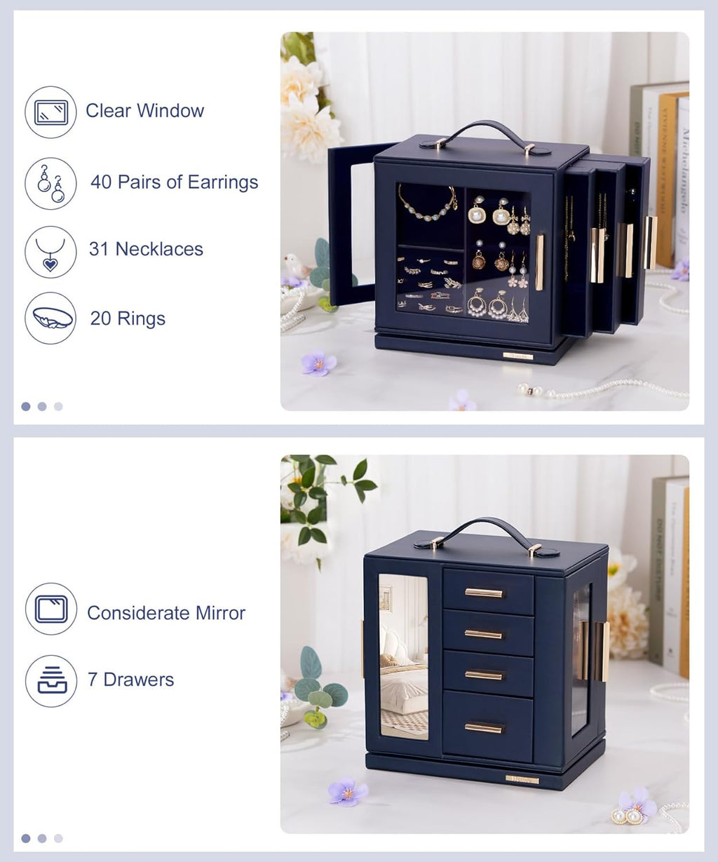 Homde Christmas Gifts Jewelry Box 360° Rotating, Necklace Earring Organizer with Transparent Window, Mirror, 7 Drawers, Large Ring Display Storage Case for Girls Women (Dark Blue)