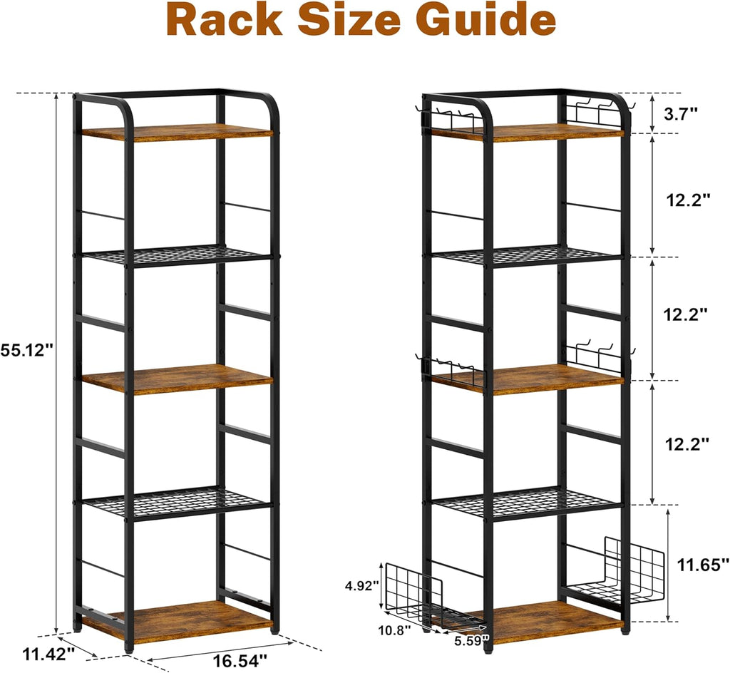 5-Tier Purse Organizer for Closet, Tall Purse Rack Stand for Purse Storage, Metal & Wood Handbag Organizer with 4 Side Hooks and 2 Baskets, Space-Saving Narrow Purse Shelf for Small Space, Bedroom