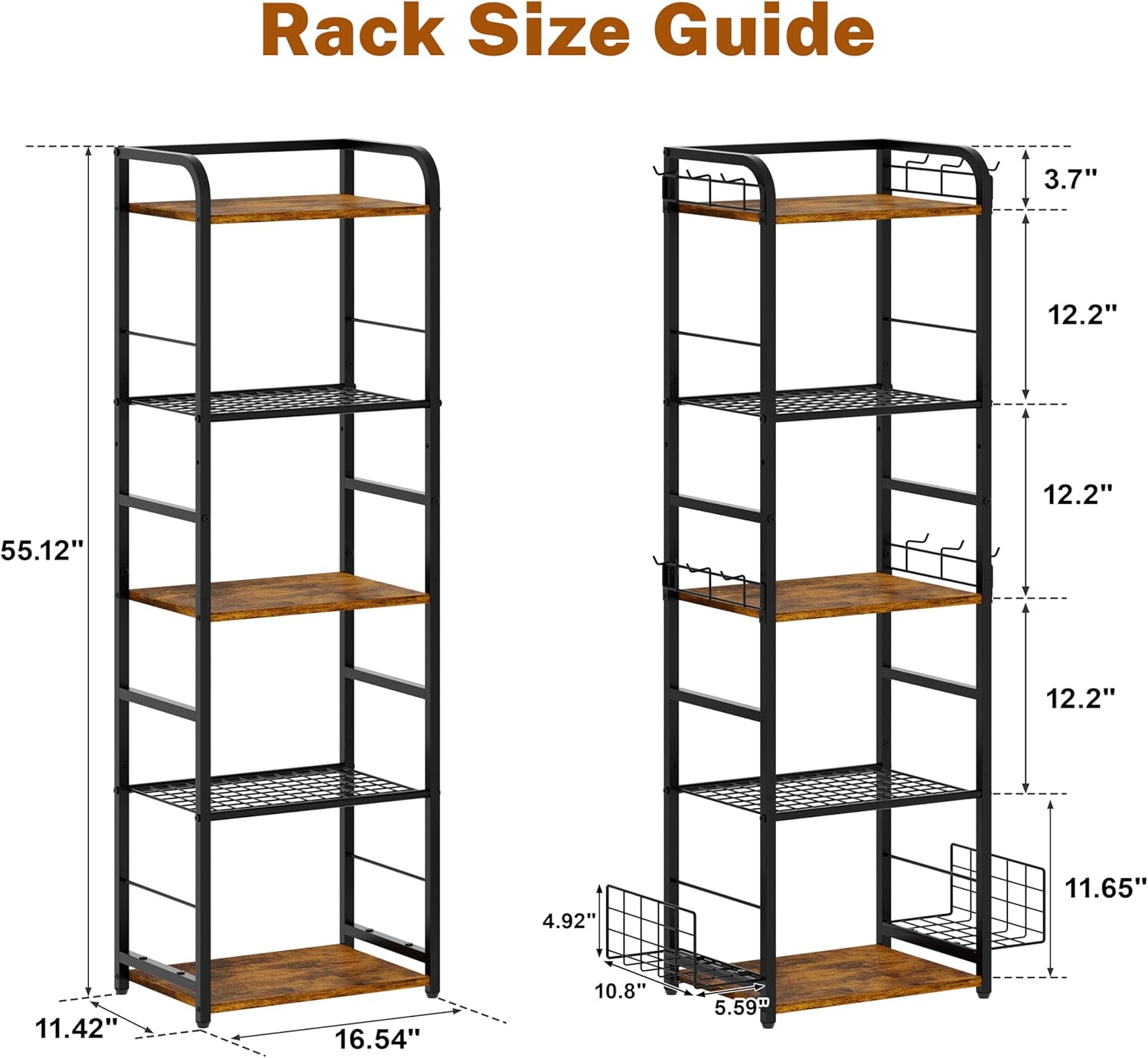 5-Tier Purse Organizer for Closet, Tall Purse Rack Stand for Purse Storage, Metal & Wood Handbag Organizer with 4 Side Hooks and 2 Baskets, Space-Saving Narrow Purse Shelf for Small Space, Bedroom