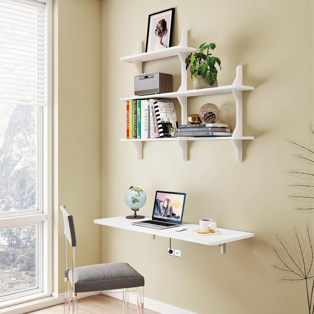 Pmnianhua Wall Mounted Folding Table, 47'' Floating Laptop Desk with Shelves, Foldable Drop Leaf Table, Wall Mount Fold Down Table for Laundry Room Kitchen Bar Home Office Small Space(White)