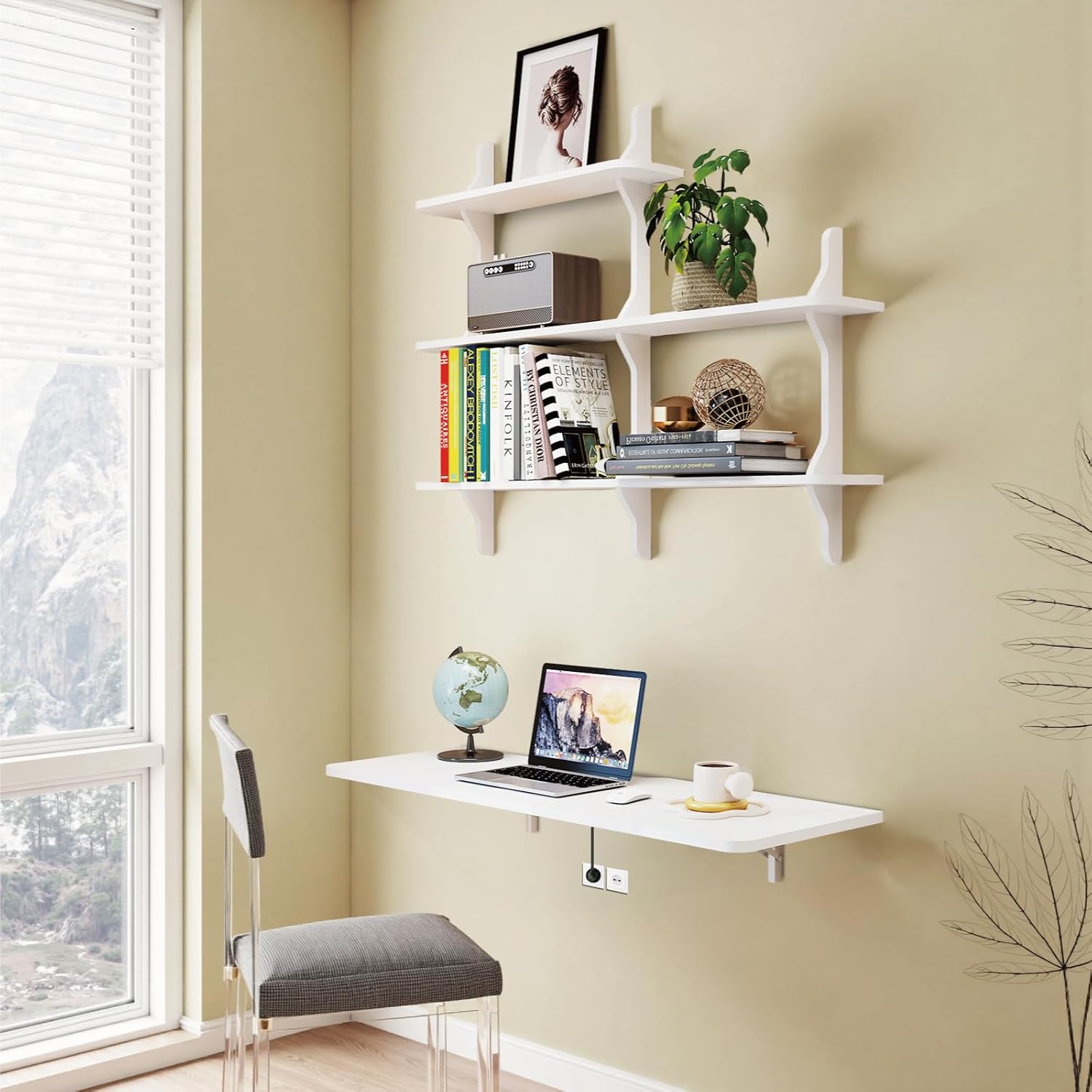Pmnianhua Wall Mounted Folding Table, 47'' Floating Laptop Desk with Shelves, Foldable Drop Leaf Table, Wall Mount Fold Down Table for Laundry Room Kitchen Bar Home Office Small Space(White)