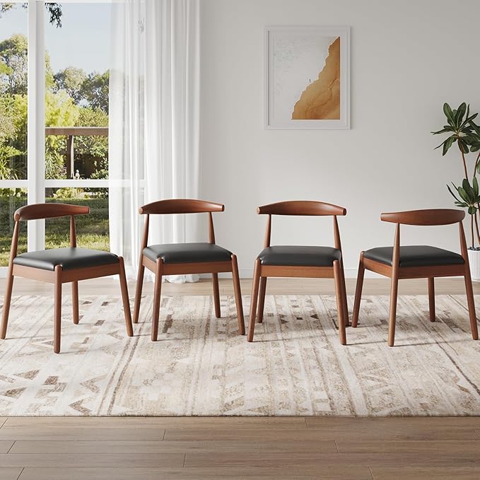 Farini Mid Century Modern Dining Chairs Set of 4, Solid Wood Frame Kitchen Chairs with PU Leather Upholstered Seat for Dining Room & Breakfast Nook，Walnut-Black