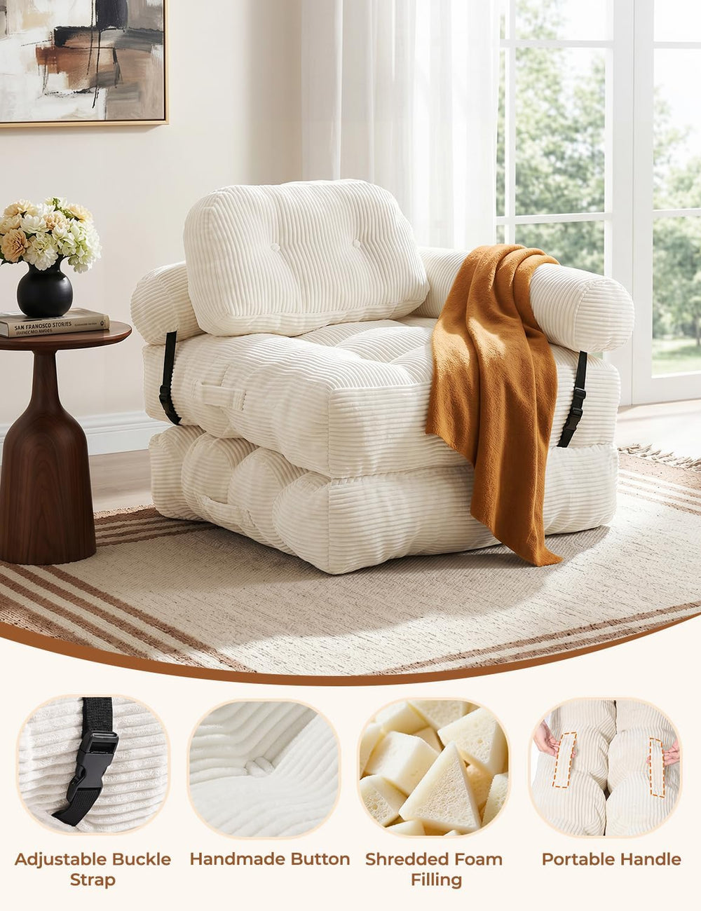 Folding Sofa Bed, L-Shaped Couch Back Support and Arm Pillow Futon | Converti...