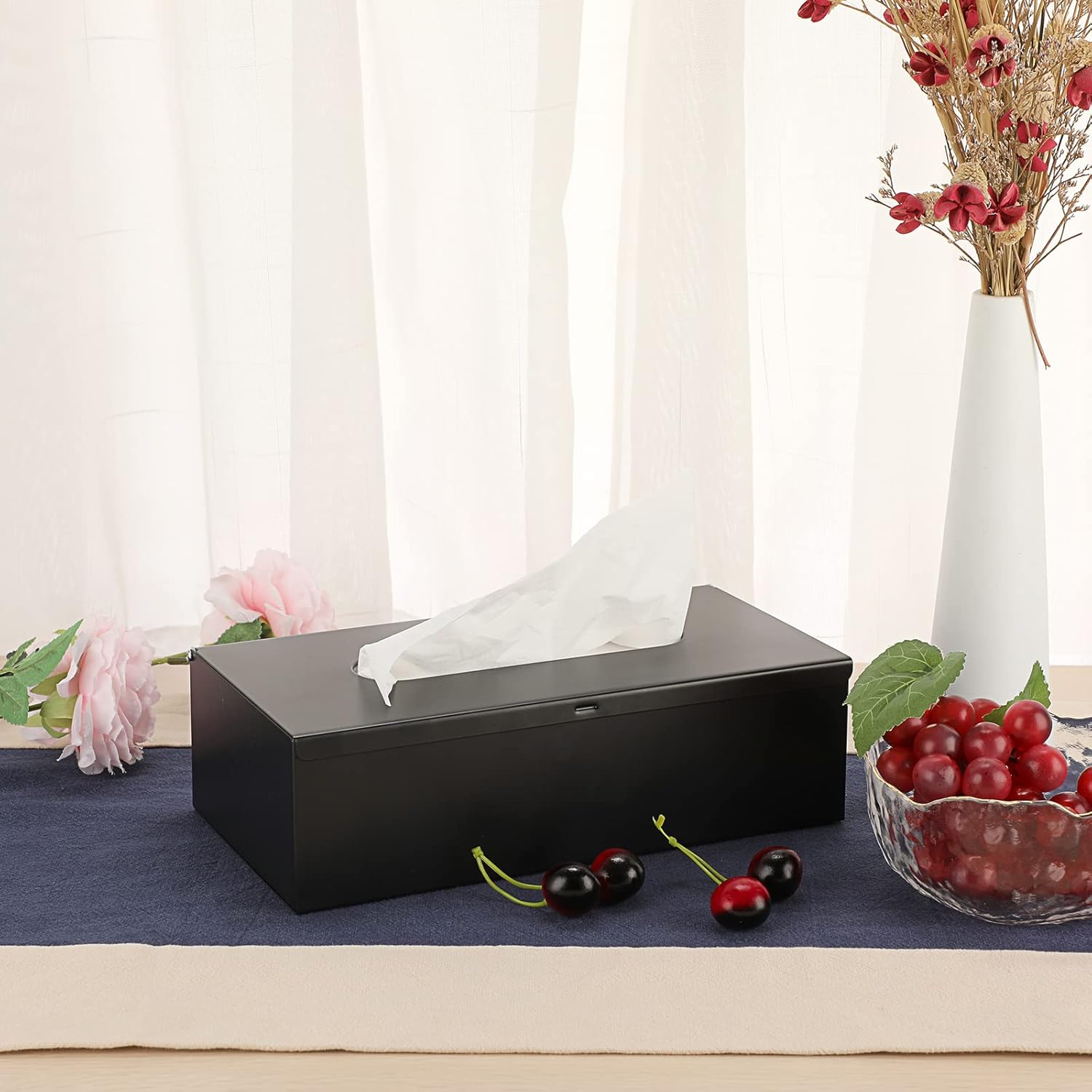 Sumnacon Rectangular Tissue Box Cover - Stylish Stainless Steel Tissue Box Holder, Modern Metal Facial Tissue Holder for Dresser Table Night Stand Bathroom Vanity Home Office Bar Decor, Black