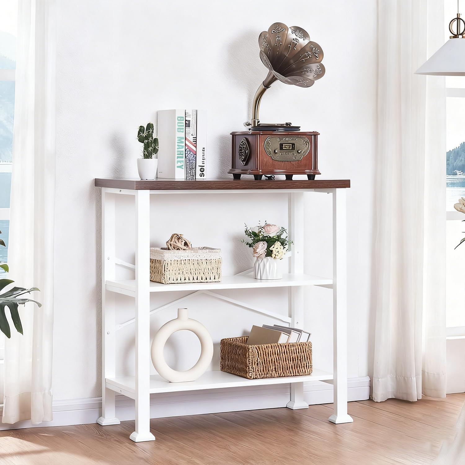 Hombazzar 3 Tier Book Shelf,31.5" Wide White and Brown Short Bookshelf | Multipurpose Design for Living Room,Office,Bedroom. Retro Industrial Design,Stability,Adjustable Feet,Easy Assembly