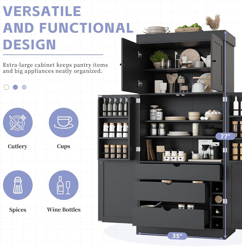 77" Tall Kitchen Pantry Cabinet with 3 Drawers, Large Wooden Kitchen Org...