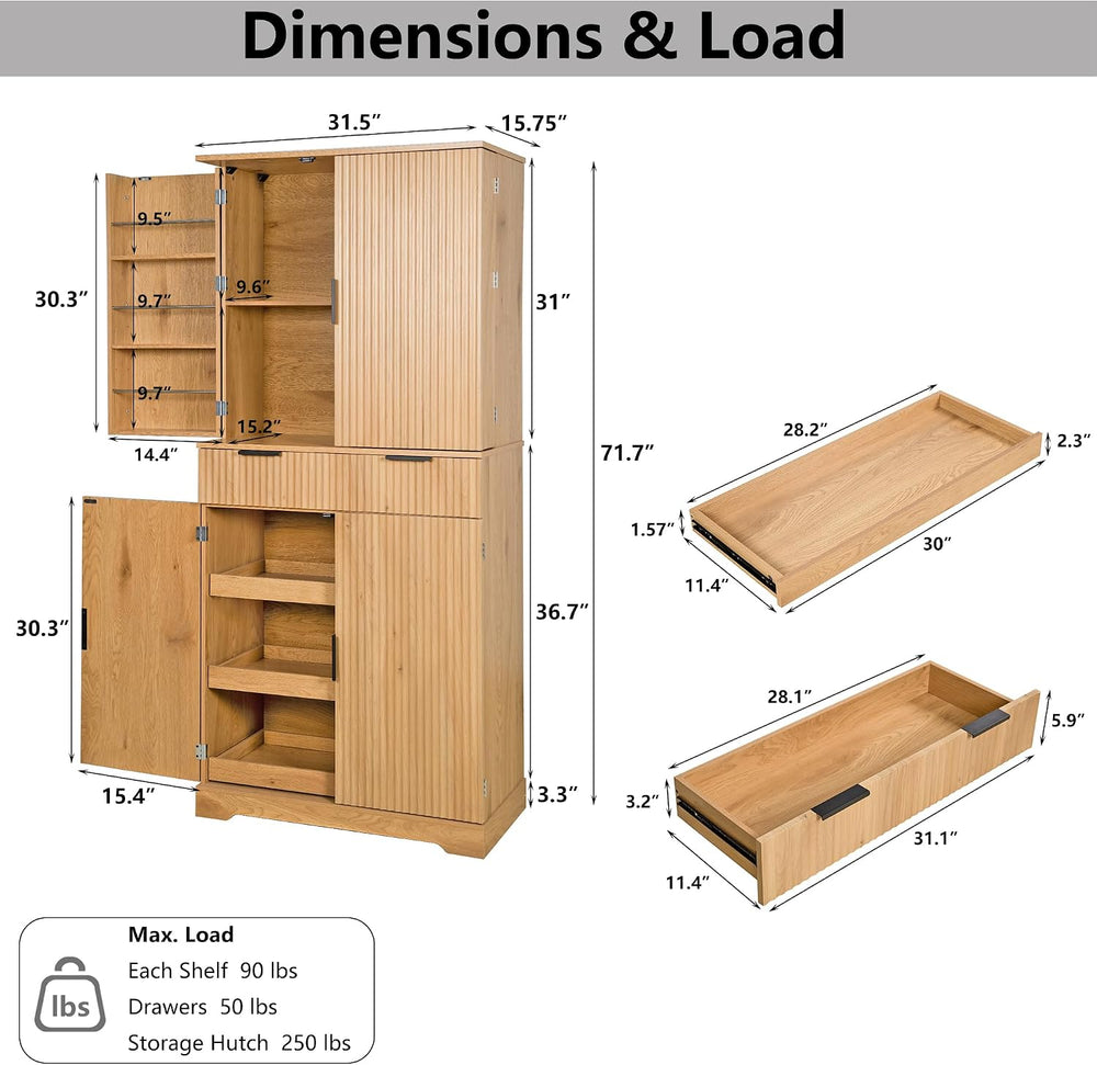 72" Fluted Kitchen Pantry Cabinet with 3 Drawers & 6 Door Shelves, O...