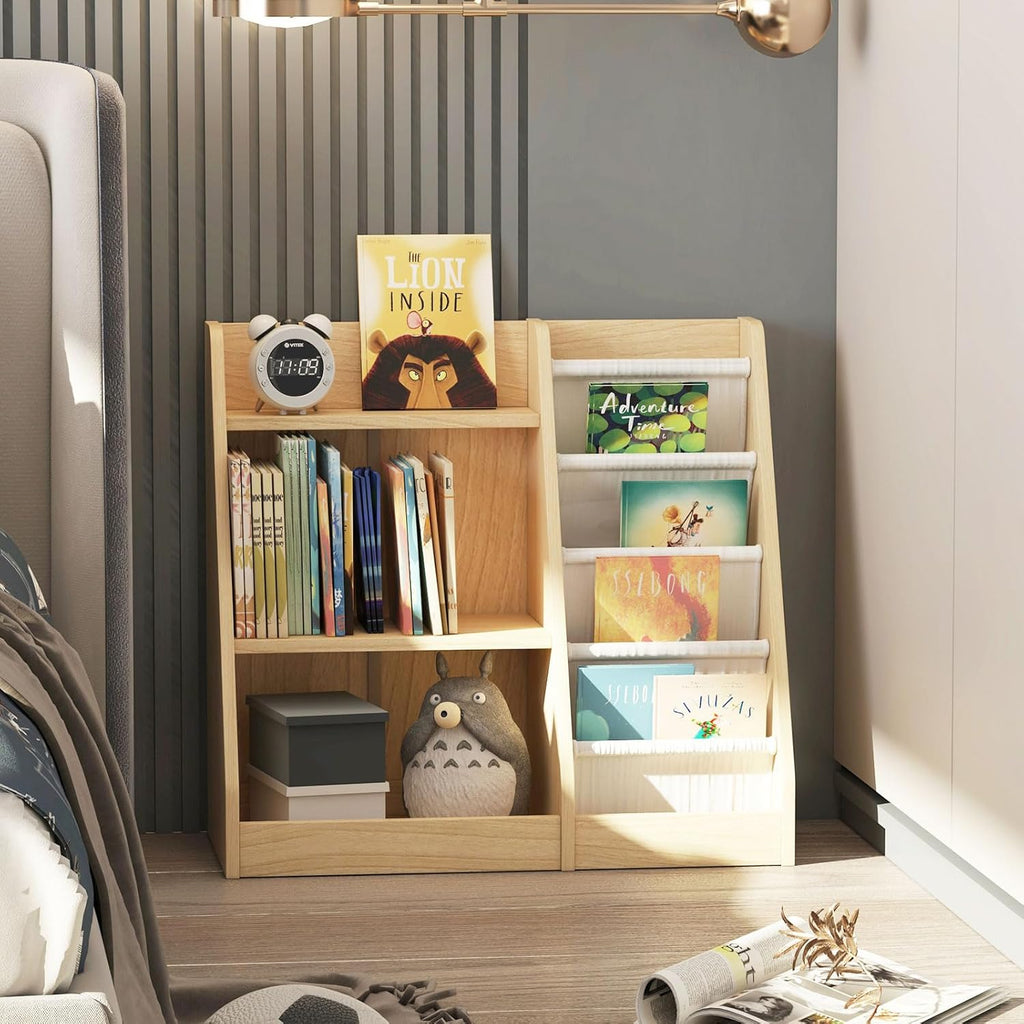 White 3 Tier Kids Bookshelf Toddler Book Rack for Book Toy Storage Organizer Children Bookcase 4 Sling Adjustable Book Display Shelf for Nursery Playroom Kids Baby Bedroom