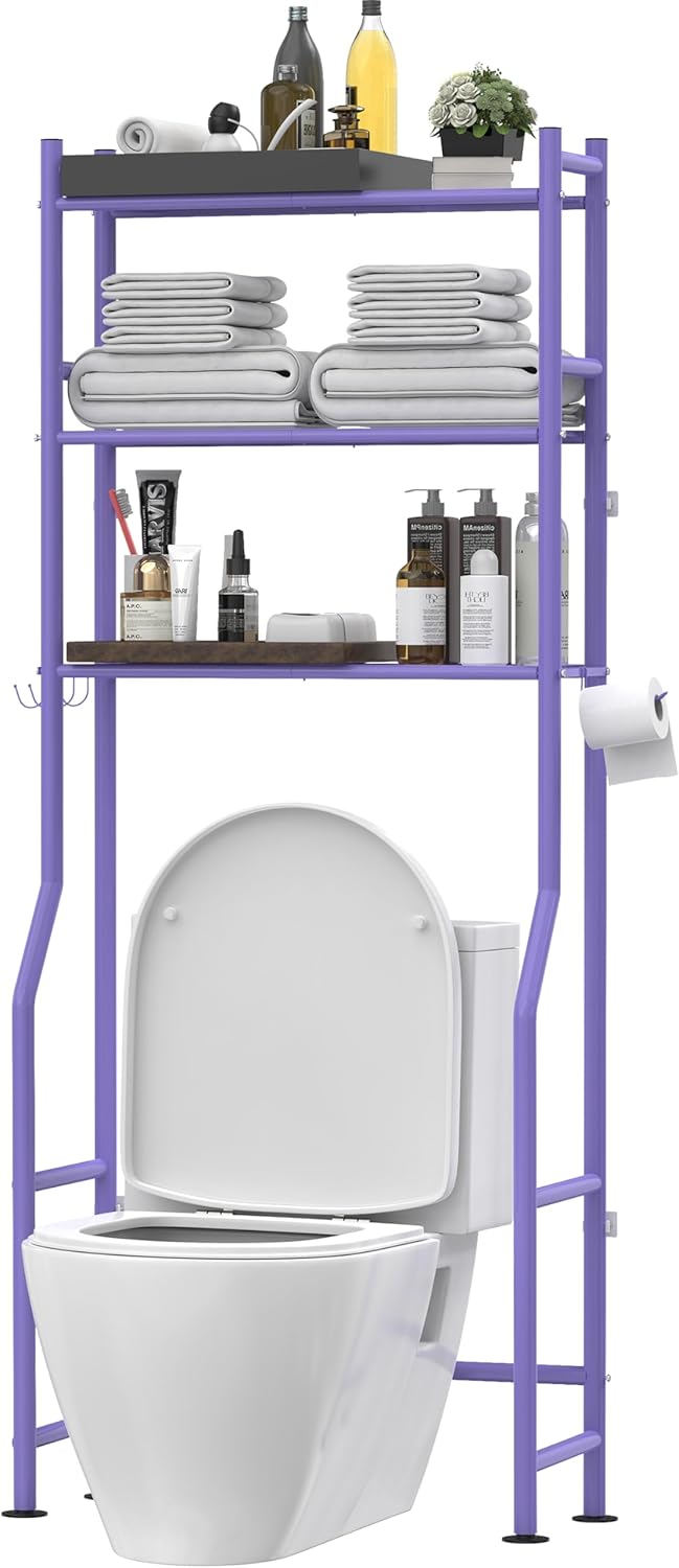 3-Tier Over The Toilet Storage, Freestanding Metal Bathroom Shelves with 4 Hooks, Over Toilet Storage Shelf with Paper Holder, Above The Toilet Shelf for Bathroom Storage, Purple