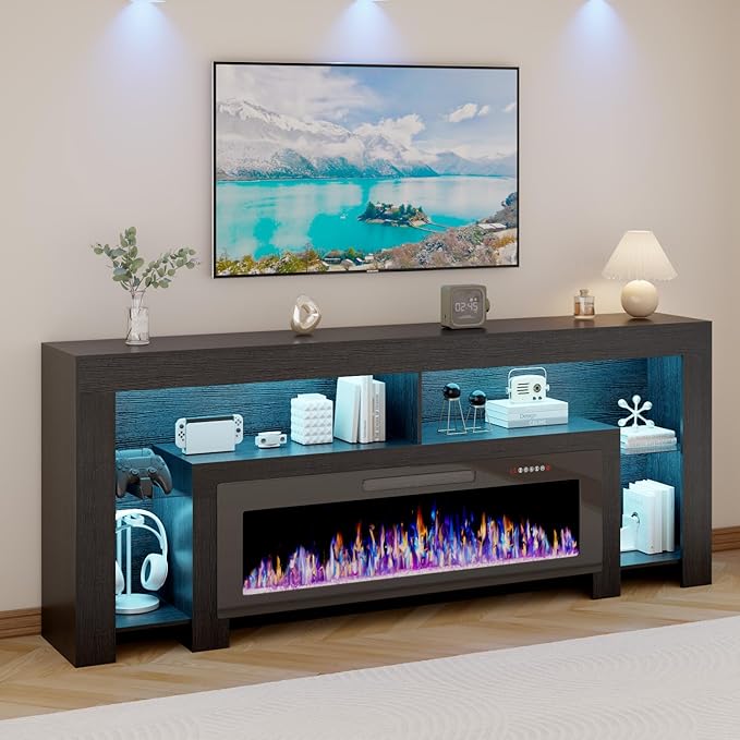 LEMBERI 80 inch Fireplace tv Stand with 50 inch Fireplace Up to 90" TVs,LED Light Entertainment Center and Storage, Modern Wood Media Television Console for Living Room