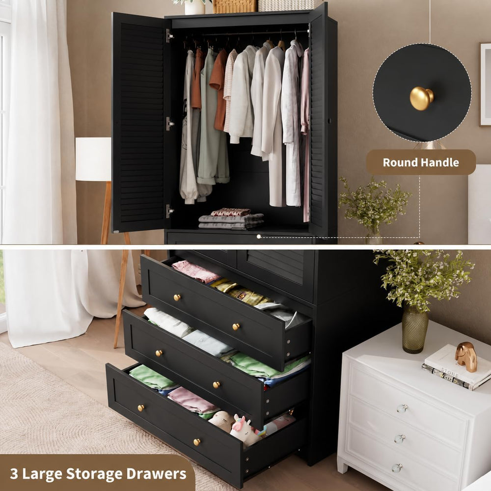 GarveeHome 70" Wardrobe Armoire Wooden Closet with 3 Drawers, Black