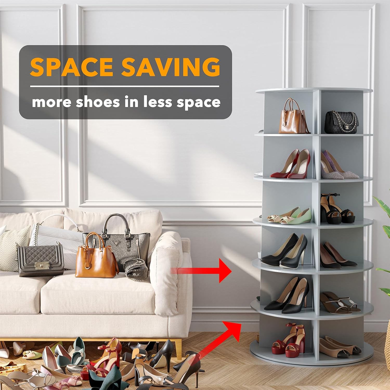 SpaceAid 6 Tier Rotating Shoe Rack Tower, Spinning Shoe Display Lazy Susan, Revolving 360 Shoe Rack Storage Round Carousel, Vertical Handbag Rotate Shoes Closet Organization (6-Tier Gray)