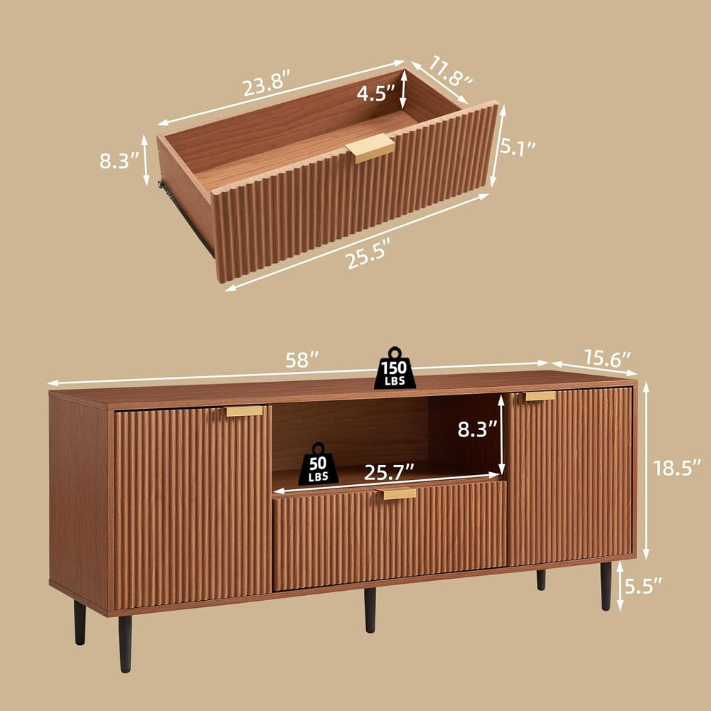 Okvnbjk Modern Fluted TV Stand for 65 Inch TVs with Drawer, Walnut | Modern f...