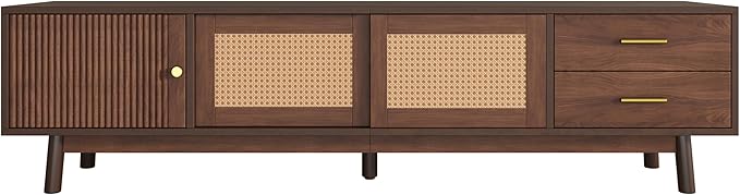 Ball & Cast Mid-Century Modern TV Stand for TVs up to 80", 70" Media Console with Rattan Sliding Doors & 2 Drawers,Solid Wood Legs,Entertainment Center w/Storage for Living Room,Bedroom,Dark Brown