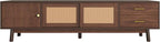 Ball & Cast Mid-Century Modern TV Stand for TVs up to 80", 70" Media Console with Rattan Sliding Doors & 2 Drawers,Solid Wood Legs,Entertainment Center w/Storage for Living Room,Bedroom,Dark Brown