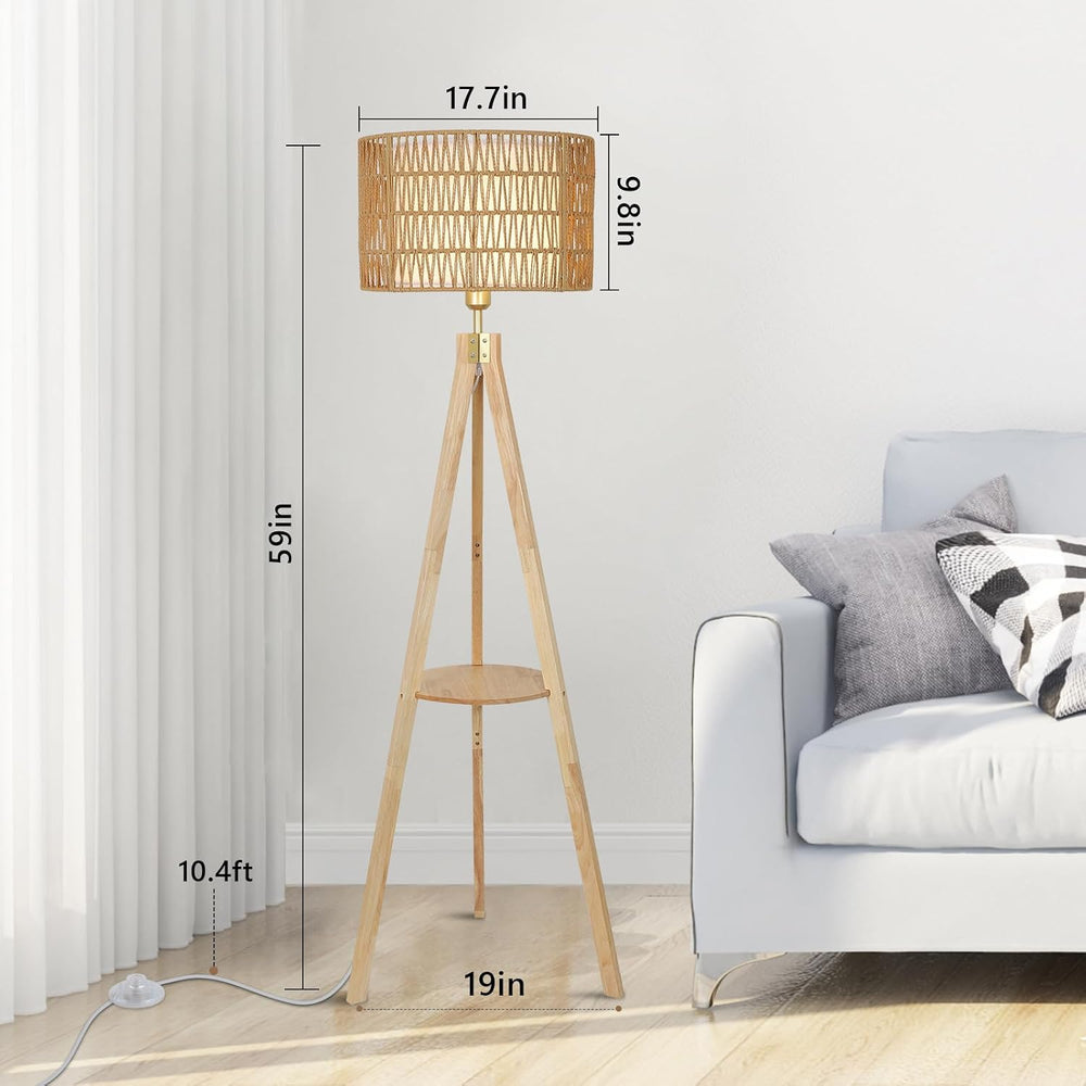 LAMSU Oak Wood Tripod Floor Lamps for Living Room, Boho Floor Lamp with Shelv...