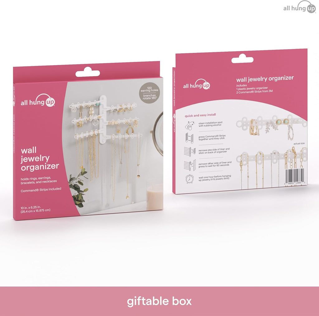 All Hung Up 6-Tier Wall Jewelry Organizer–Jewelry Holder for Necklaces, Earrings, Rings & Bracelets, Rotating Branches Wall Mounted Jewelry Organizer 120 Earring Holes, No-Drill Installation (White)