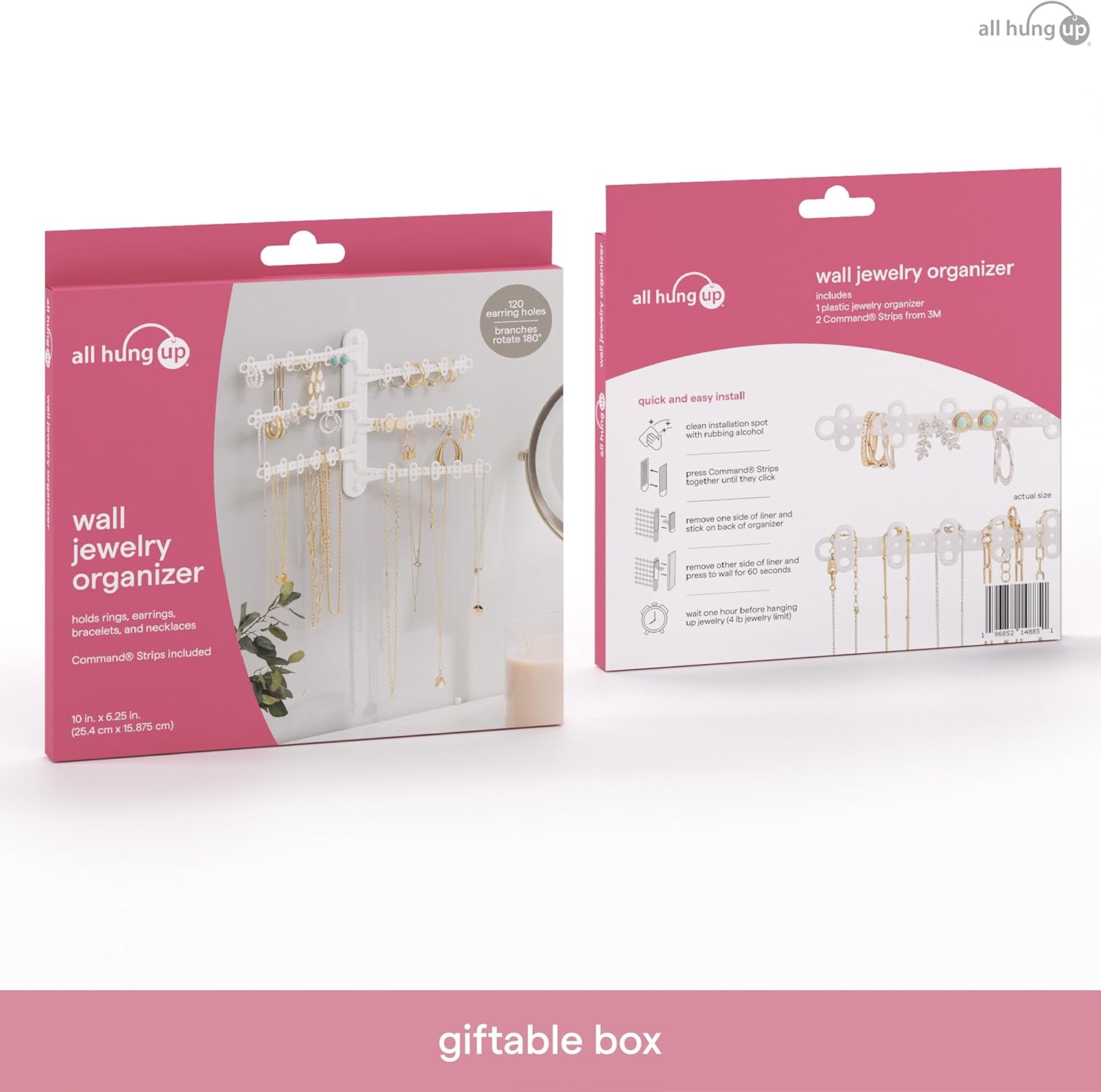 All Hung Up 6-Tier Wall Jewelry Organizer–Jewelry Holder for Necklaces, Earrings, Rings & Bracelets, Rotating Branches Wall Mounted Jewelry Organizer 120 Earring Holes, No-Drill Installation (White)