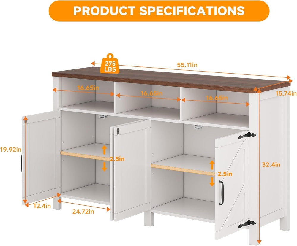 knoworld Buffet Sideboard with Storage Farmhouse with 4 Doors, 55'' L...