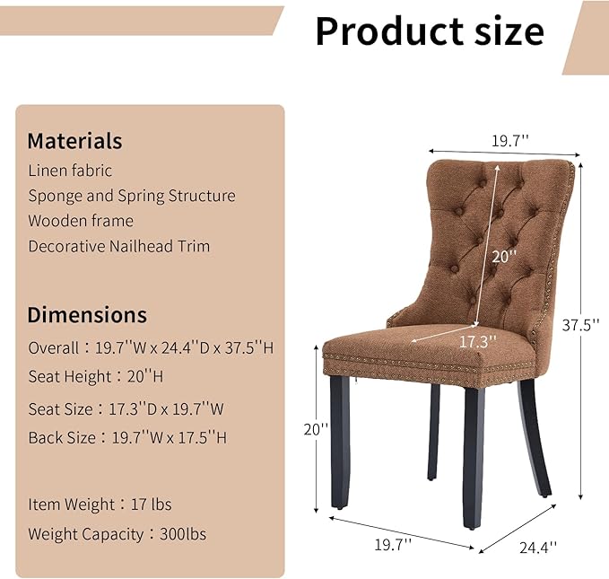Modern Dining Chairs Set of 6, Tufted Upholstered Dining Chairs with Solid Wood Legs, Brown Linen Fabric Kitchen Chair, Sillas de Comedor, Comfy Kitchen Chair (Brown, Linen, 6Pcs)