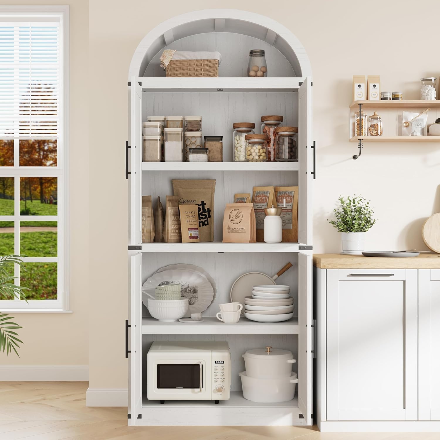 71.6" Arched Kitchen Pantry Cabinet,Farmhouse Arched Cabinet with Bookshelf and Storage Cabinets for Kitchen, Dining Room, Bathroom