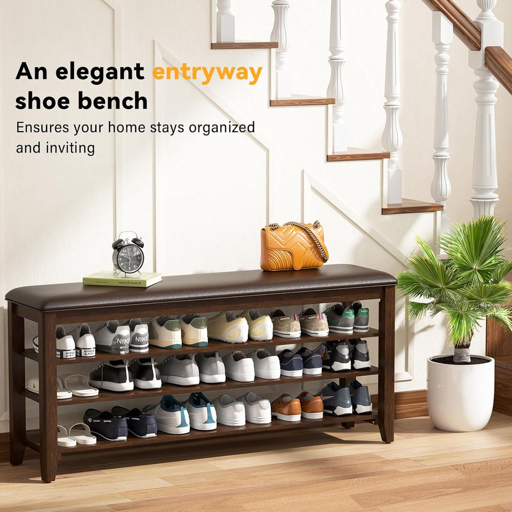 Shoe Rack Bench Entryway Storage with Leather Cushion, Shoe Organizer Bench f...