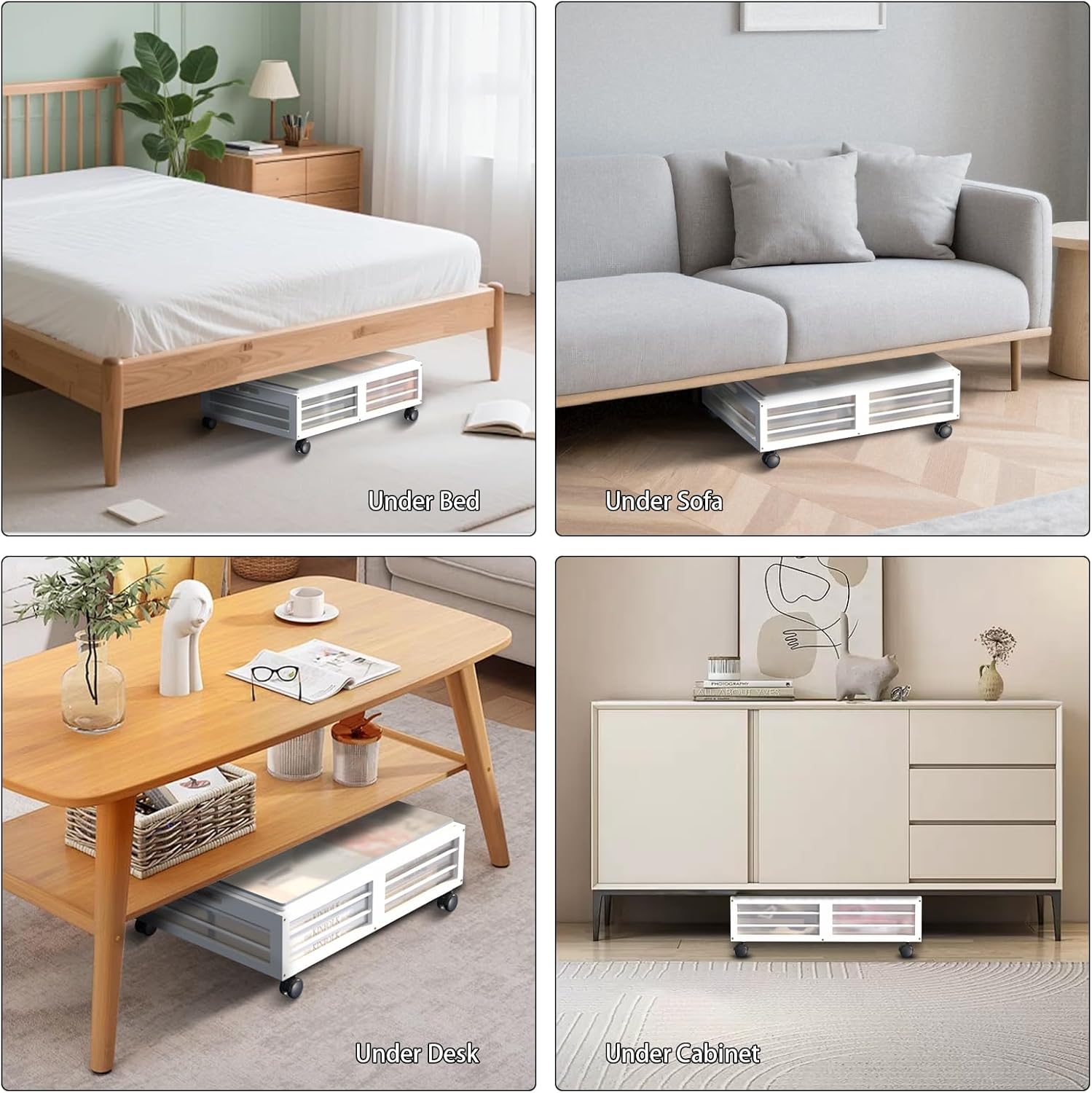 Under Bed Storage Containers with Wheels, Larger Bamboo Wood Under Furniture Storage Containers with Dust Bags，Rolling for Shoes Clothes