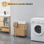 Rolling Laundry Hamper with Wheels, Slim Laundry Basket with Removable Liner Bag & 2 Mesh Bags, Handwoven Water Hyacinth Clothes Hamper for Bedroom Bathroom (Natural, 65L)