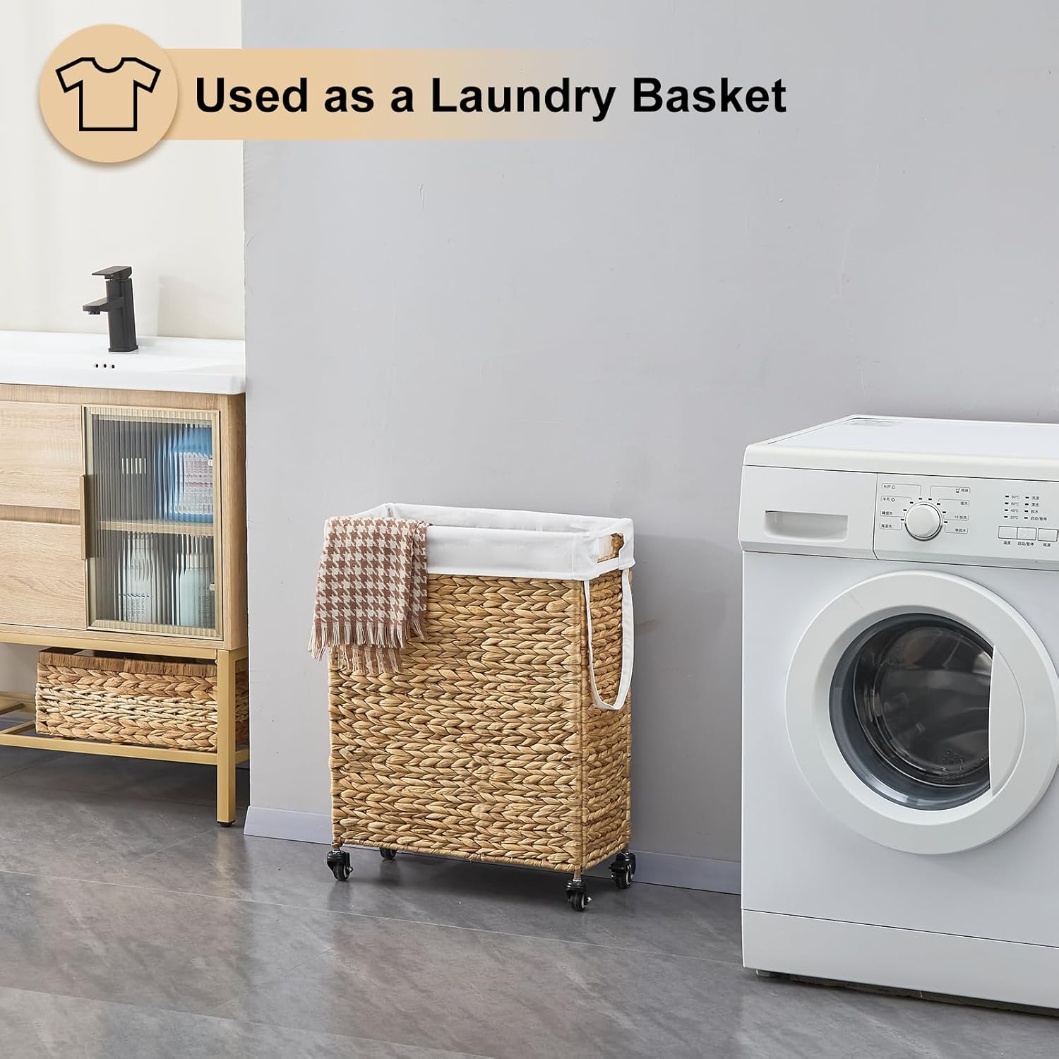 Rolling Laundry Hamper with Wheels, Slim Laundry Basket with Removable Liner Bag & 2 Mesh Bags, Handwoven Water Hyacinth Clothes Hamper for Bedroom Bathroom (Natural, 65L)