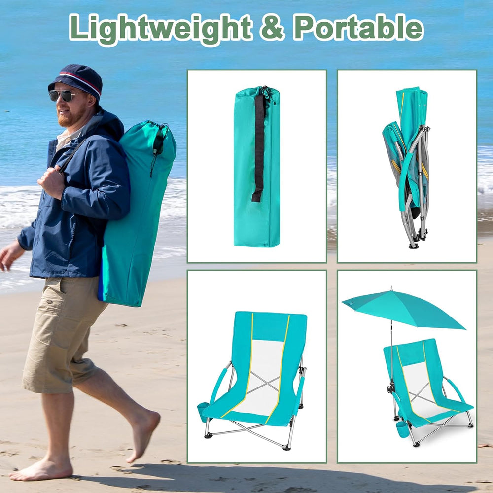 Romswi Beach Chair with Umbrella 2PK, Folding Low Beach Chairs for Adults wit...