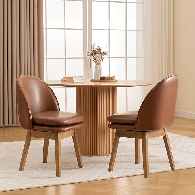Wahson Upholstered Dining Chairs Set of 2, Modern Faux Leather Dining Room Chairs with Solid Wood Legs & Double-Padded Seat, Swivel Accent Desk Chair for Kitchen Dining Room Restaurant - Brown