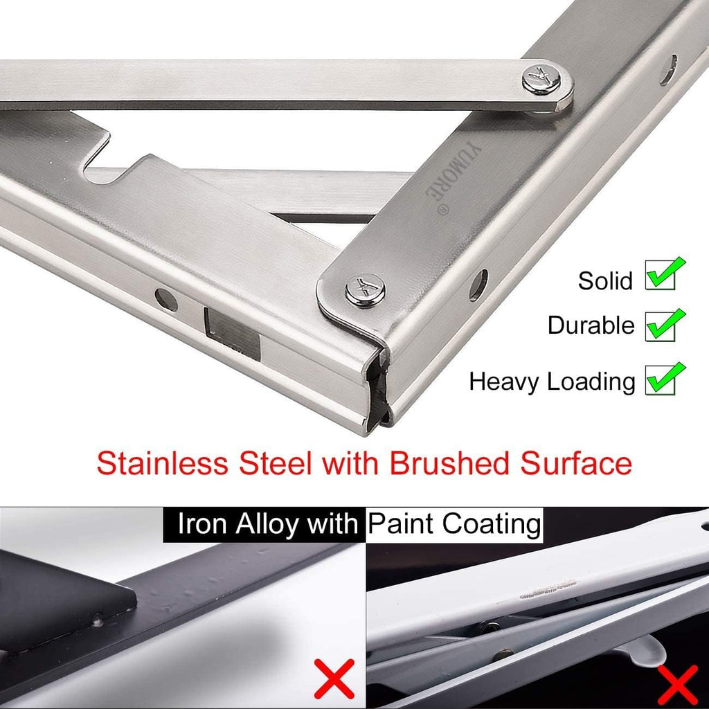 YUMORE Folding Shelf Brackets 8", Max Load: 300lb Heavy Duty Stainless Steel Collapsible Shelf Bracket for Table Work Bench, Space Saving DIY Bracket, Pack of 2