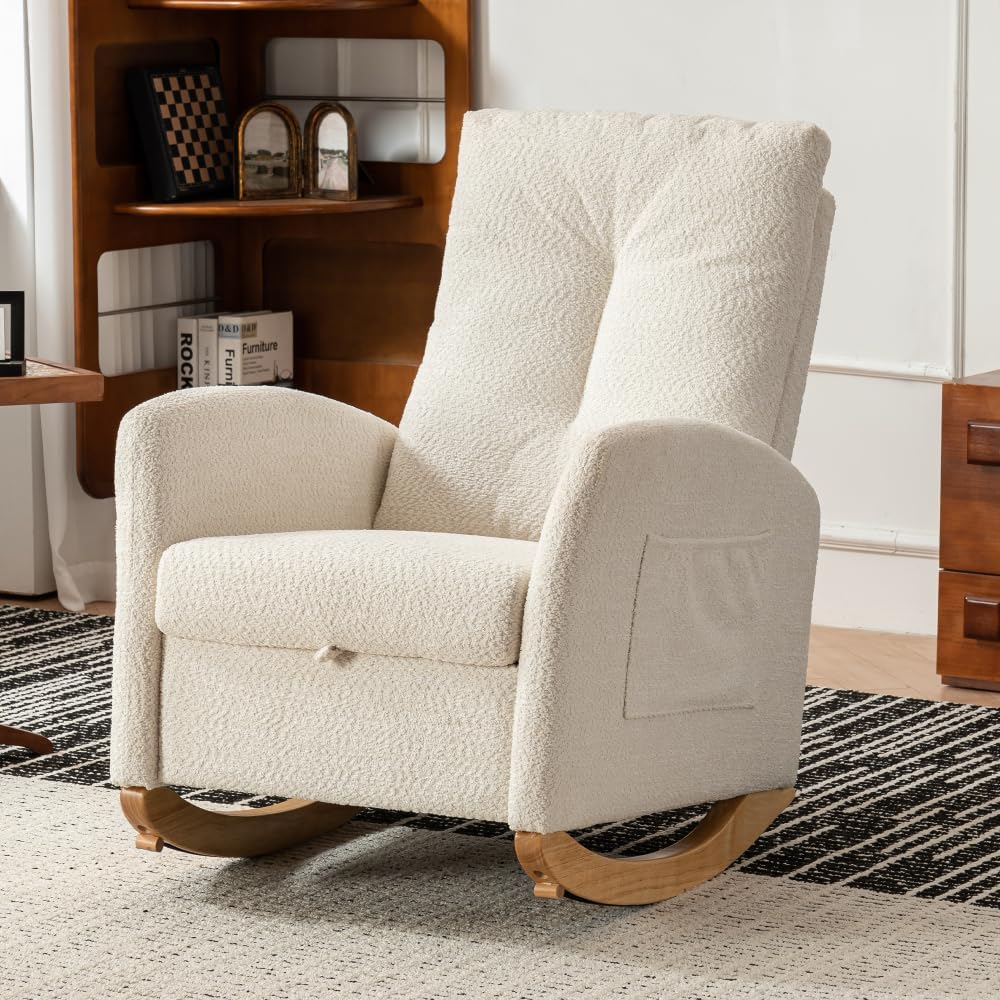 Chair with Footrest High Back Rubber Wood Rocking Legs Bedroom Living Space (...