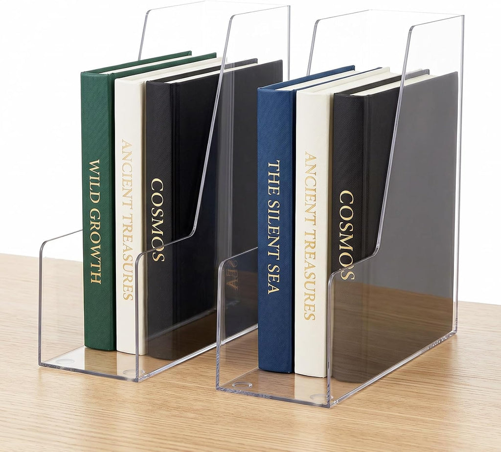 2 PCS Vertical File Holder, Clear Acrylic Desk Organizer for Office, Acrylic Magazine File Holder Rack, Plastic Document Storage Bins for Magazines, Binders, Notebooks & Envelopes, Space Saving for Ho