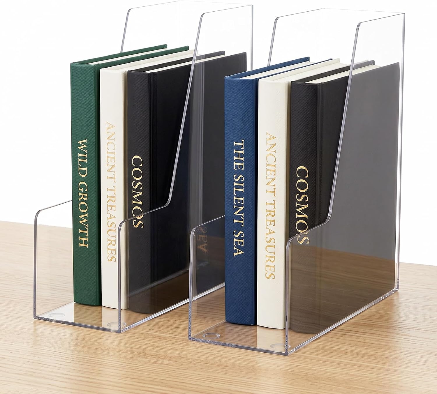 2 PCS Vertical File Holder, Clear Acrylic Desk Organizer for Office, Acrylic Magazine File Holder Rack, Plastic Document Storage Bins for Magazines, Binders, Notebooks & Envelopes, Space Saving for Ho