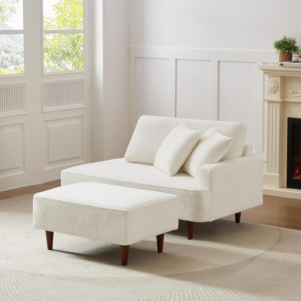 Upholstered Chaise Lounge Chair Indoor with Ottoman Boucle Chaise Lounge Fluf...