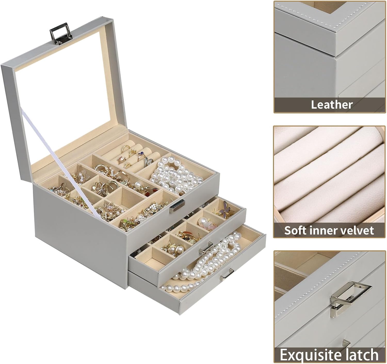 BOOVO Clear Lid Jewelry Box,3 Layers Jewelry Organizer Large Multi-Functional Jewelry Storage Box with 2 Drawers,Jewelry Display Case of Rings Earrings Necklace Bracelets for Women Girls (Grey)