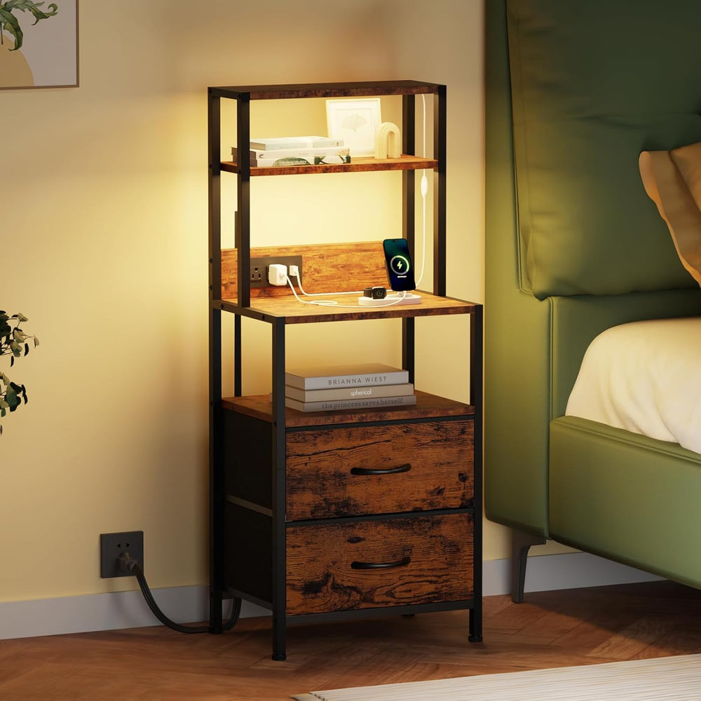 Furnulem Night Stand, Tall Nightstand with 4-Tier Shelves, 2 Fabric Drawers |...