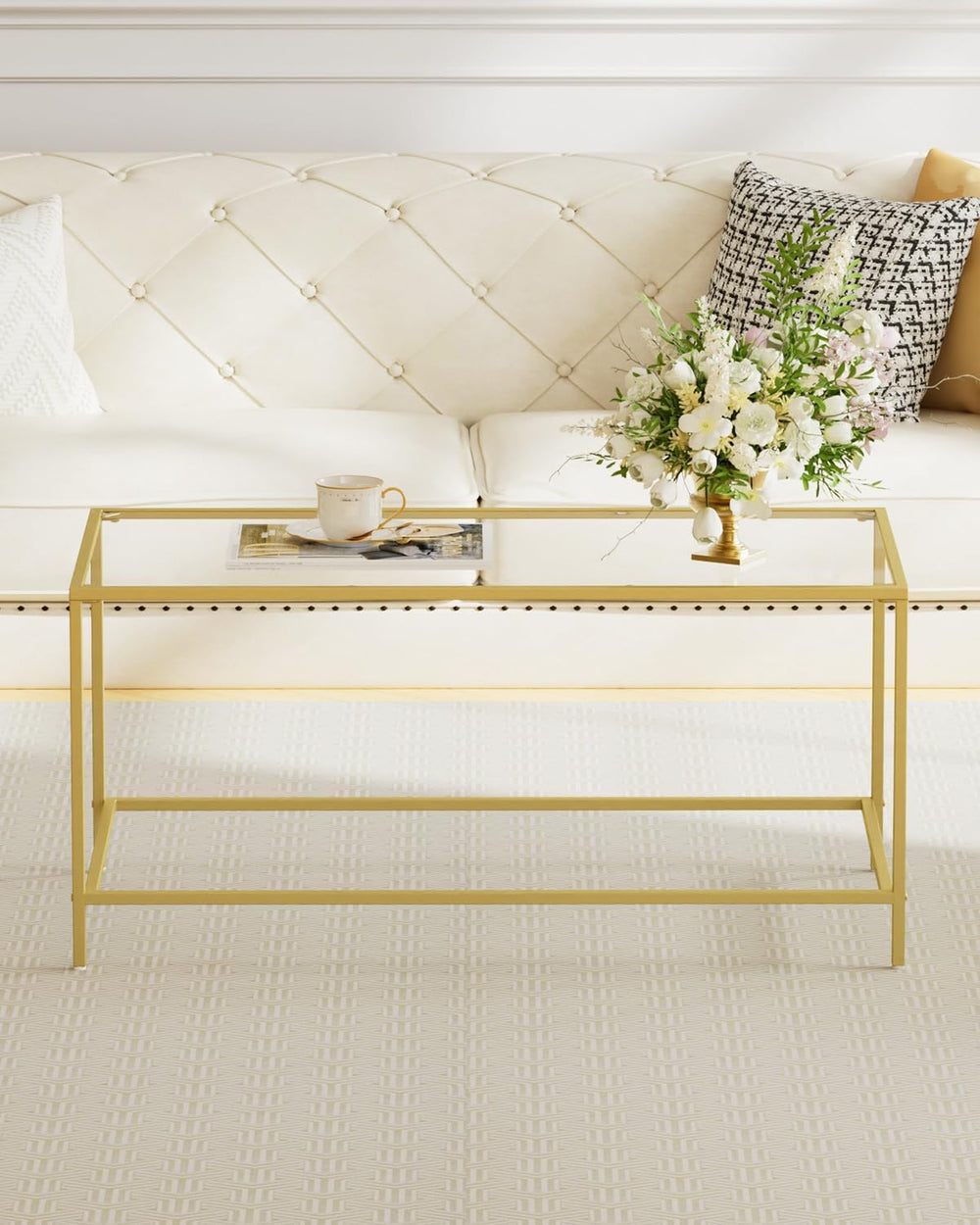 Homleke Glass Coffee Table, Modern Rectangular Coffee Table for Living Room