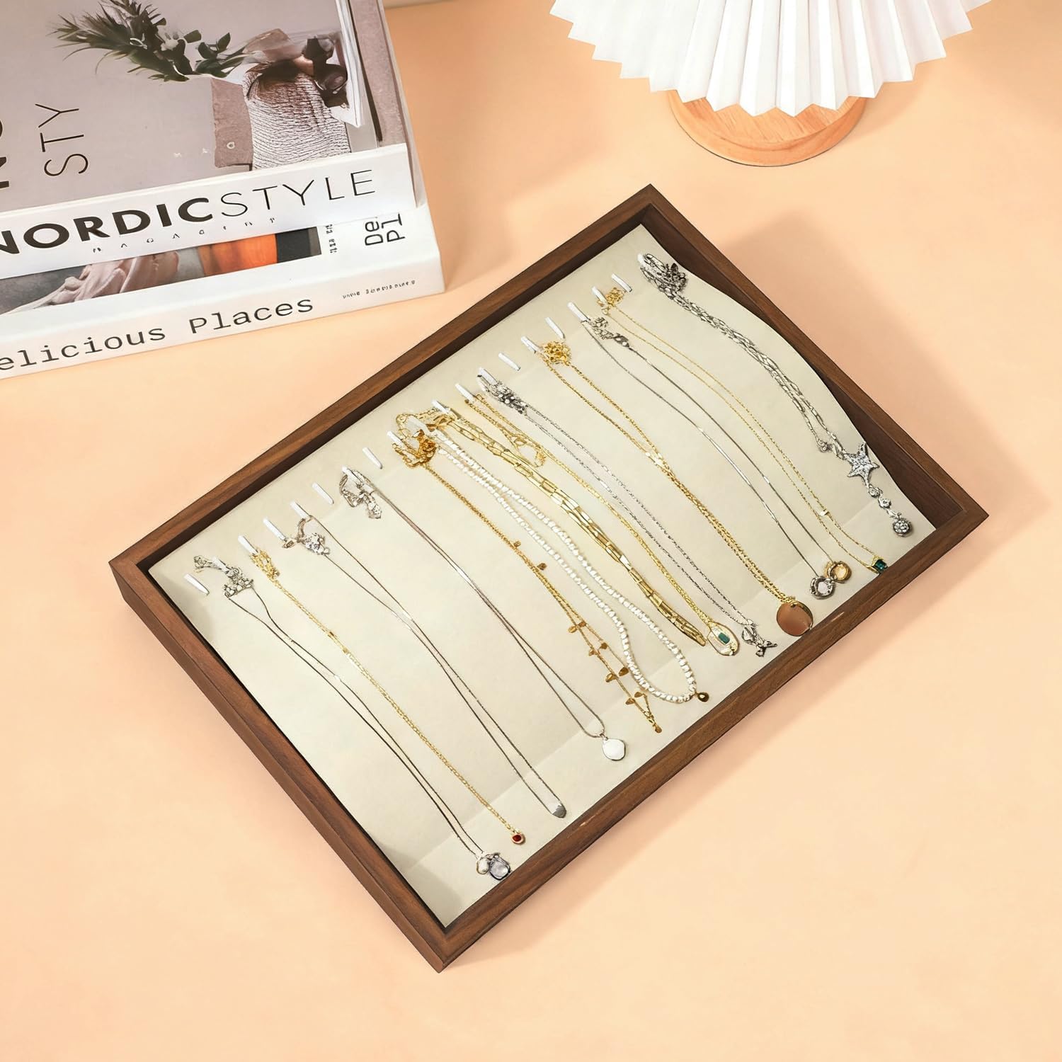 Large Jewelry Trays for Drawers Stackable Velvet Jewelry Display for Vendors Jewelry Drawer Organizer Inserts for Rings Necklace Bracelets Earrings and Studs Earrings (Beige, 20 Hooks)