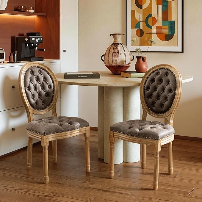 French Country Dining Chairs Set of 6,Farmhouse Upholstered Dining Room Chairs with Tufted Round Back&Solid Leg,PU Leather Kitchen Side Chairs for Kitchen/Bedroom/Dining Room,Brown