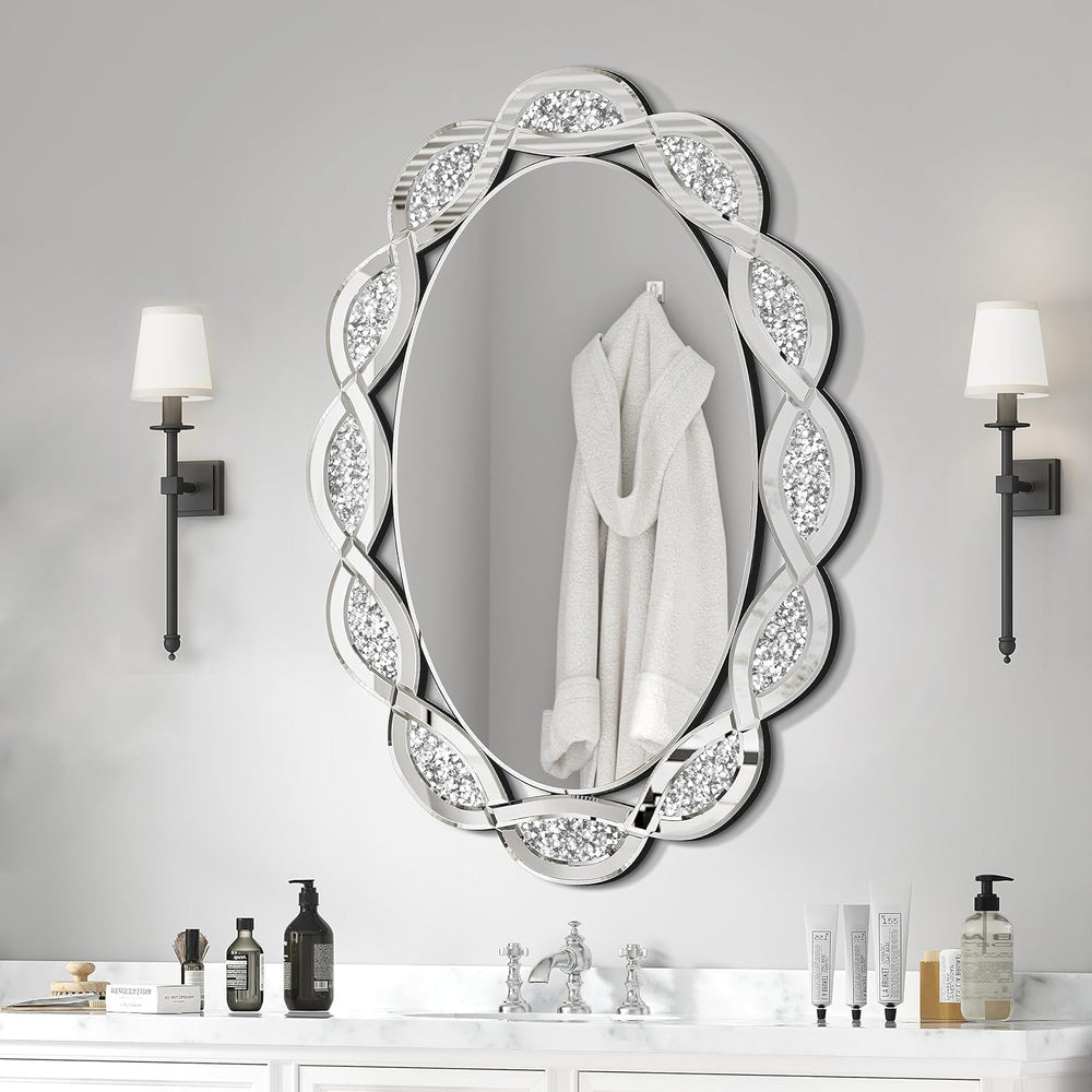 Crystal Decorative Wall Mirror, 24" x 36" Oval Silver Crushed Diamo...