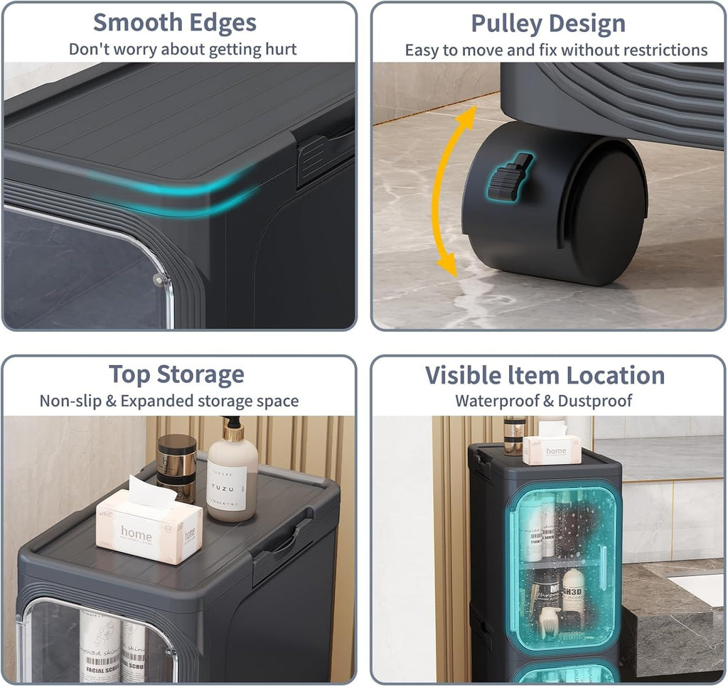 4 Tier Slim Bathroom Storage Cabinet, Foldable and Movable, Black | Tools Free, ABS and PET, Magnetic Clear Door, Adjustable Shelves, Lockable Wheels, Water Resistant, For Narrow Space