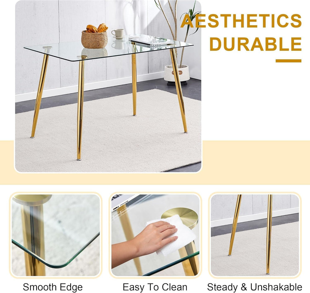 Modern Gold Glass Dining Table Set for 4, 51'' Clear Glass Top Rectan...